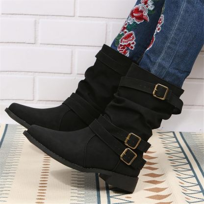 Women's Vintage Buckle Ankle Boots 2025 New Combat Ankle Boots Fashion PU Leather Short Boots Autumn Winter Motorcycle Short Boots Casual Slip-On Ankle Boots Suitable for Outdoor Party