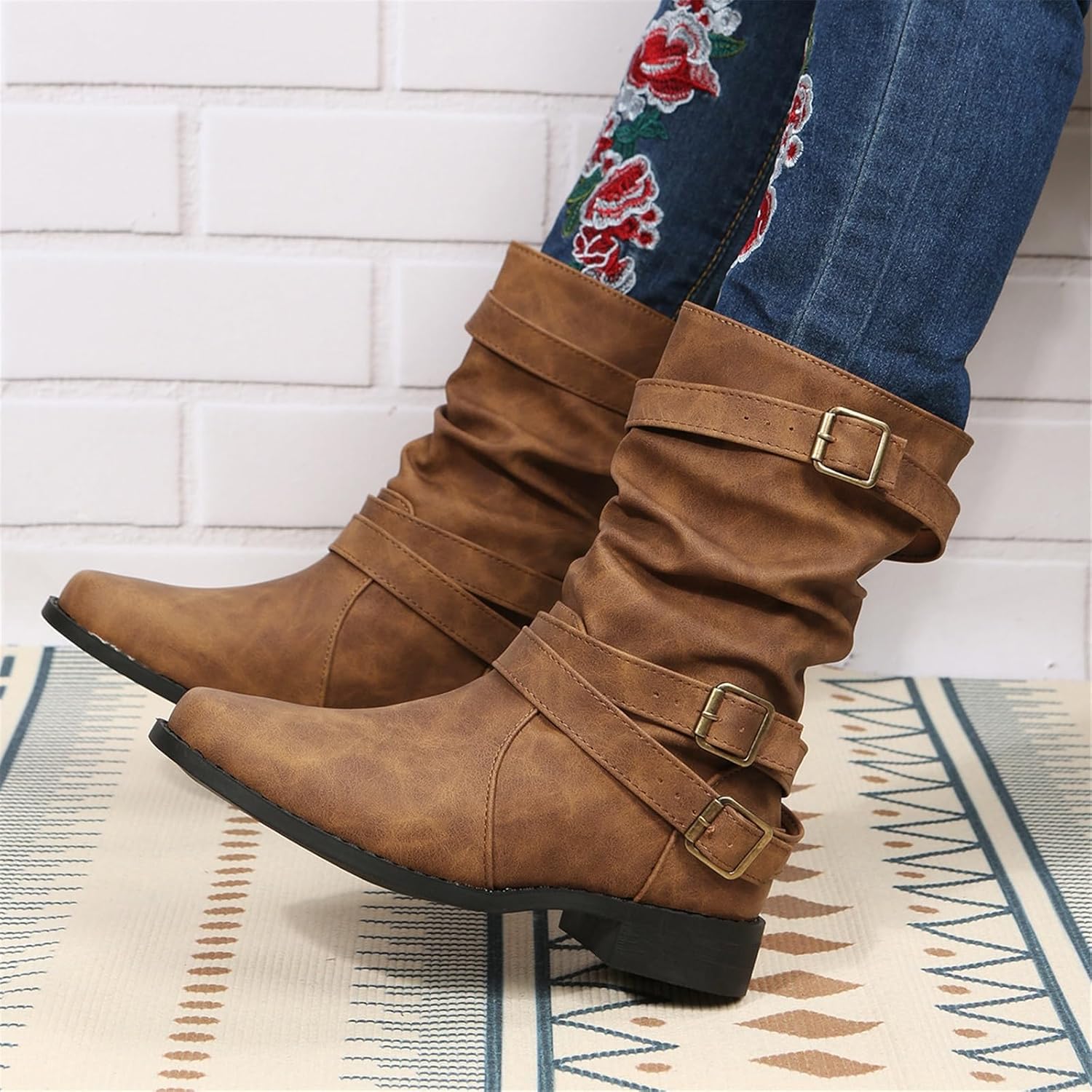 Women's Vintage Buckle Ankle Boots 2025 New Combat Ankle Boots Fashion PU Leather Short Boots Autumn Winter Motorcycle Short Boots Casual Slip-On Ankle Boots Suitable for Outdoor Party