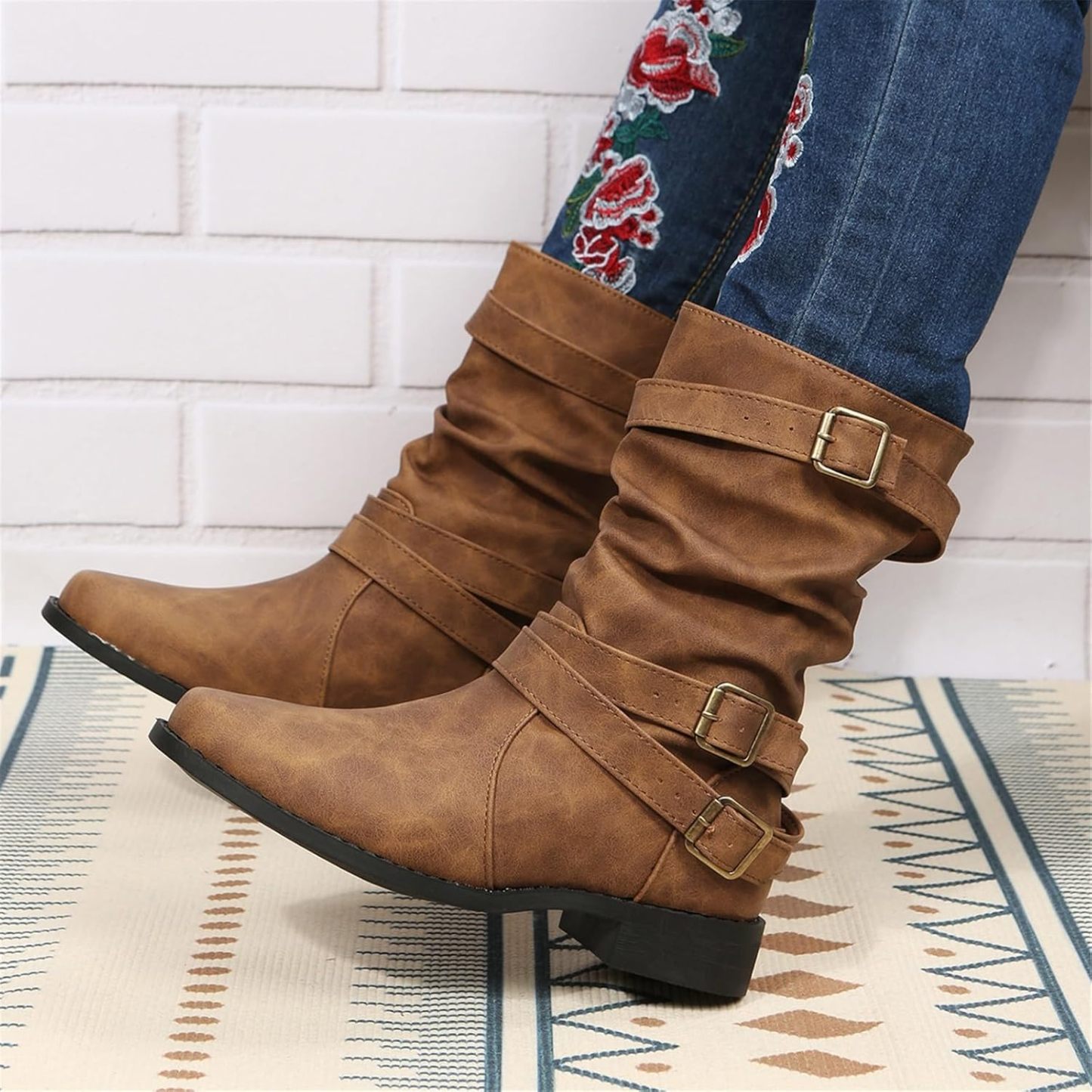 Women's Vintage Buckle Ankle Boots 2025 New Combat Ankle Boots Fashion PU Leather Short Boots Autumn Winter Motorcycle Short Boots Casual Slip-On Ankle Boots Suitable for Outdoor Party