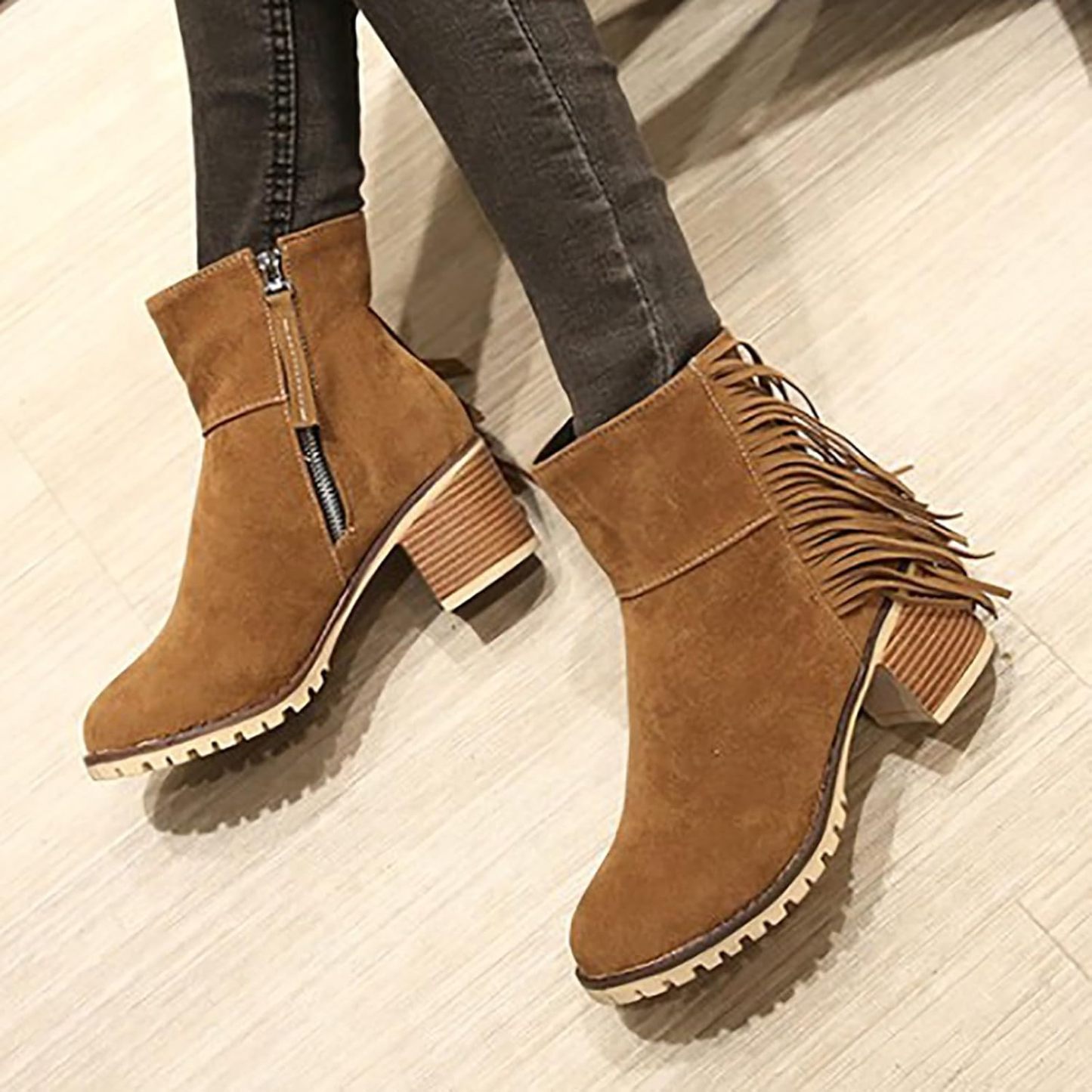 Women Shoes Fashion Ankle Long Boots Thick High Heels Over Knee Pleated Suede Long Boots Tan Flat Boots for Women