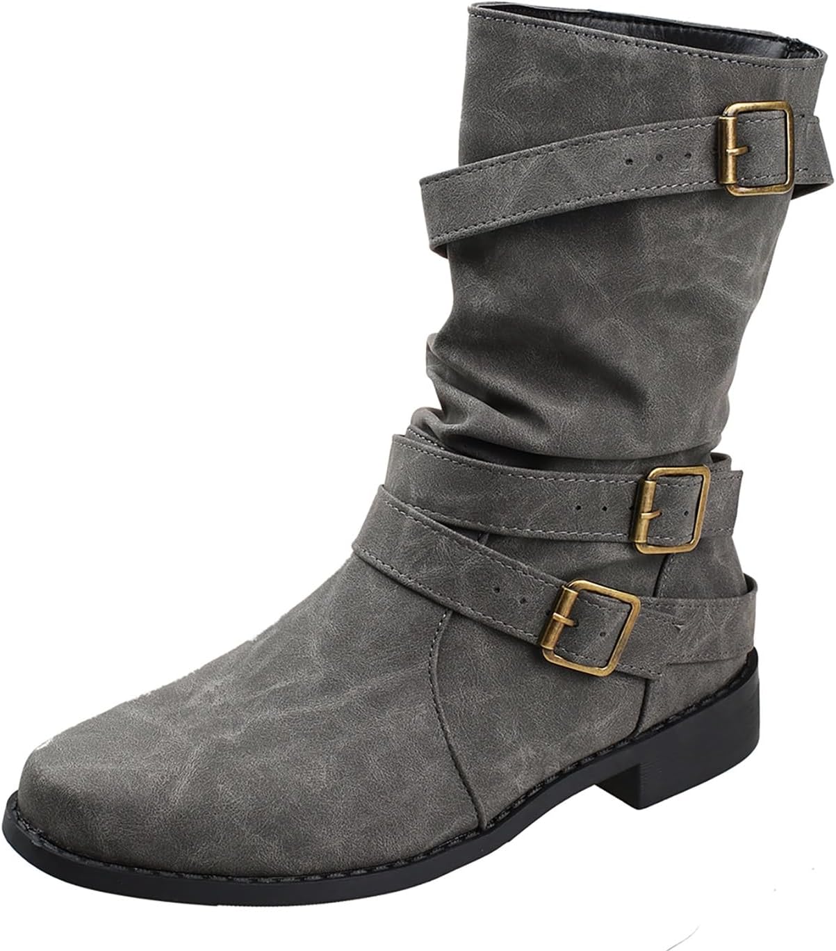Women's Vintage Buckle Ankle Boots 2025 New Combat Ankle Boots Fashion PU Leather Short Boots Autumn Winter Motorcycle Short Boots Casual Slip-On Ankle Boots Suitable for Outdoor Party