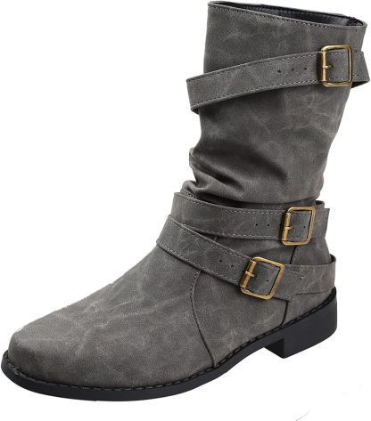 Women's Vintage Buckle Ankle Boots 2025 New Combat Ankle Boots Fashion PU Leather Short Boots Autumn Winter Motorcycle Short Boots Casual Slip-On Ankle Boots Suitable for Outdoor Party