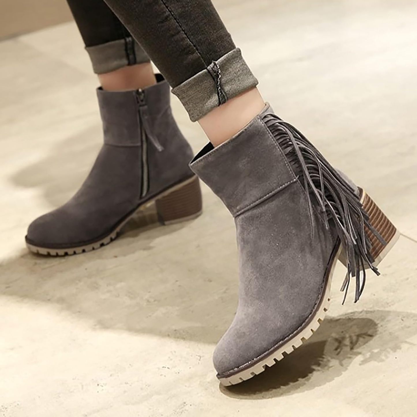 Women Shoes Fashion Ankle Long Boots Thick High Heels Over Knee Pleated Suede Long Boots Tan Flat Boots for Women
