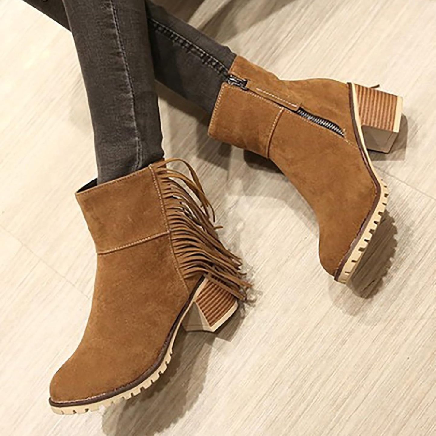 Women Shoes Fashion Ankle Long Boots Thick High Heels Over Knee Pleated Suede Long Boots Tan Flat Boots for Women