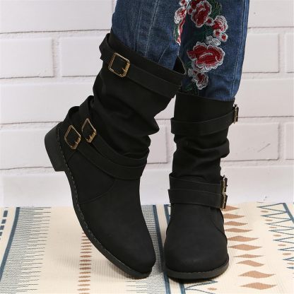 Women's Vintage Buckle Ankle Boots 2025 New Combat Ankle Boots Fashion PU Leather Short Boots Autumn Winter Motorcycle Short Boots Casual Slip-On Ankle Boots Suitable for Outdoor Party