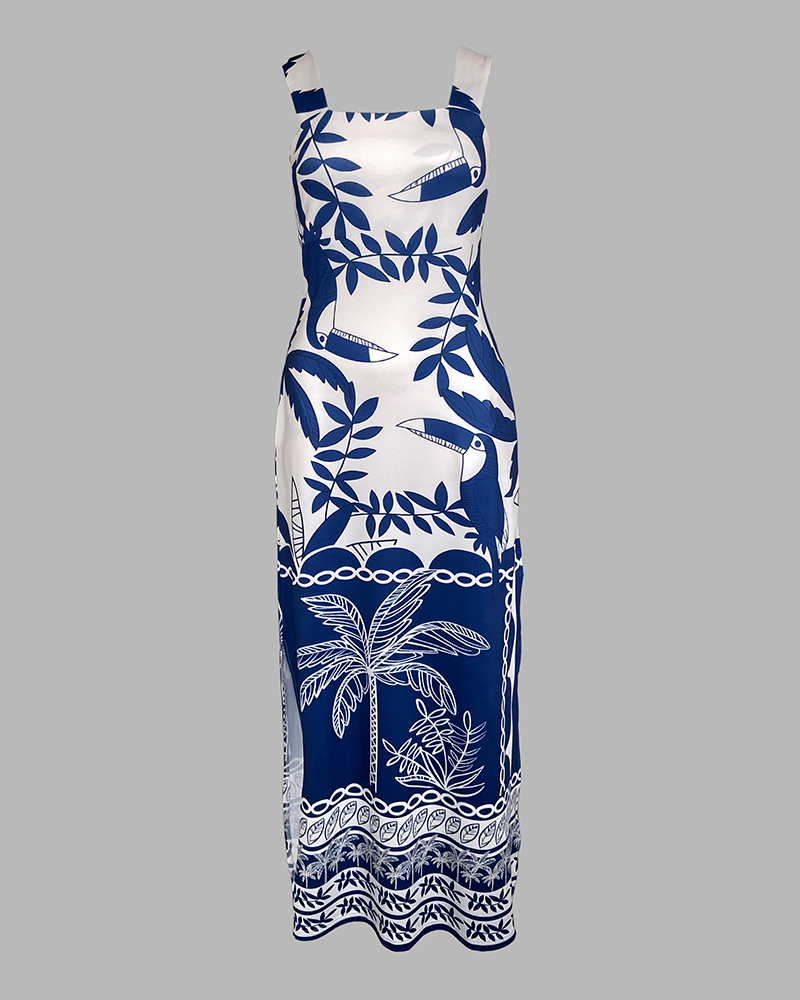 Geometric Print Thick Strap Dress Casual Slim Fit Slit Maxi Dress with Pockets