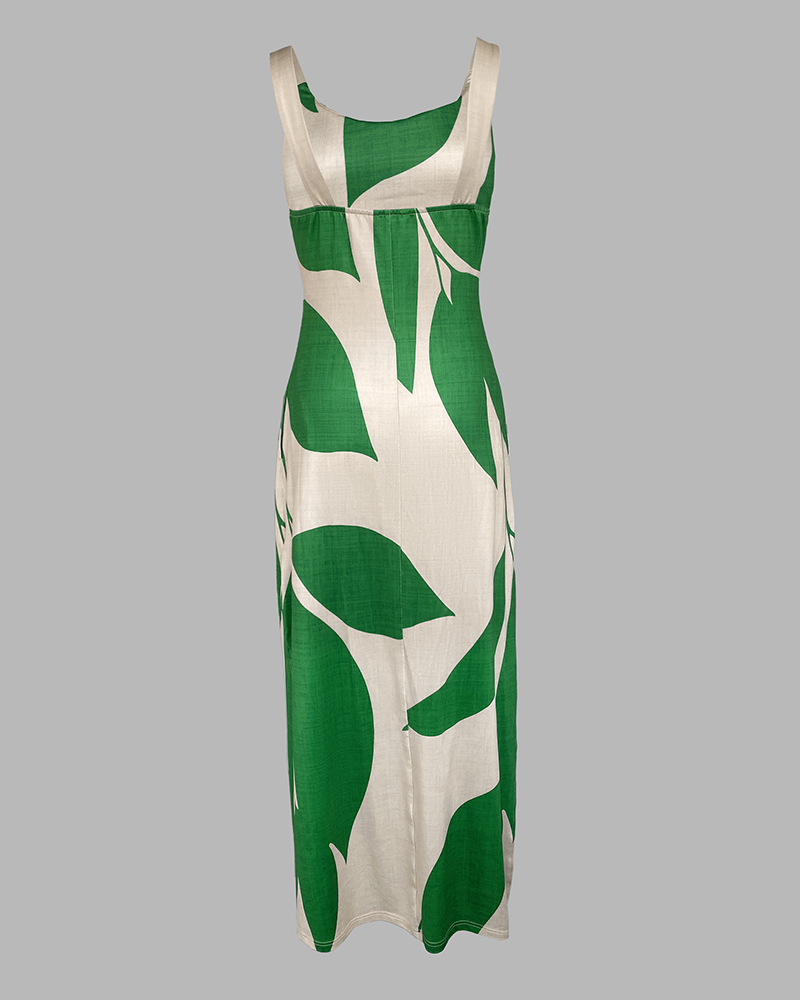 Geometric Print Thick Strap Dress Casual Slim Fit Slit Maxi Dress with Pockets