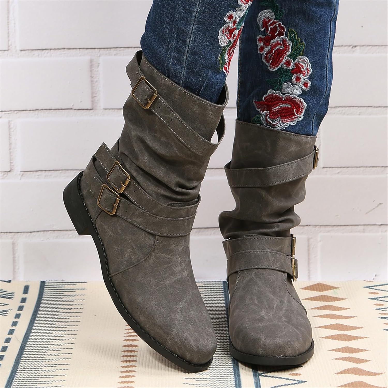 Women's Vintage Buckle Ankle Boots 2025 New Combat Ankle Boots Fashion PU Leather Short Boots Autumn Winter Motorcycle Short Boots Casual Slip-On Ankle Boots Suitable for Outdoor Party
