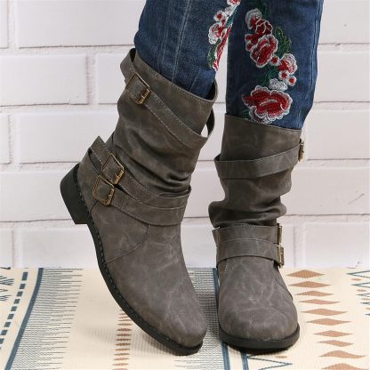Women's Vintage Buckle Ankle Boots 2025 New Combat Ankle Boots Fashion PU Leather Short Boots Autumn Winter Motorcycle Short Boots Casual Slip-On Ankle Boots Suitable for Outdoor Party