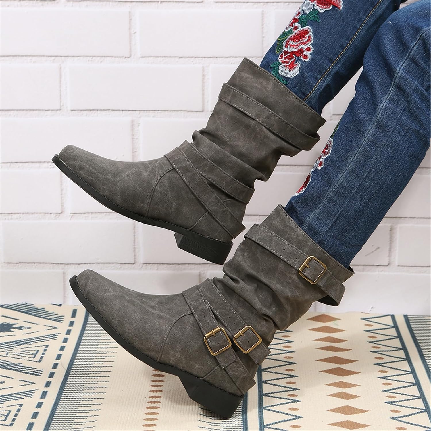 Women's Vintage Buckle Ankle Boots 2025 New Combat Ankle Boots Fashion PU Leather Short Boots Autumn Winter Motorcycle Short Boots Casual Slip-On Ankle Boots Suitable for Outdoor Party