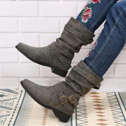 Women's Vintage Buckle Ankle Boots 2025 New Combat Ankle Boots Fashion PU Leather Short Boots Autumn Winter Motorcycle Short Boots Casual Slip-On Ankle Boots Suitable for Outdoor Party
