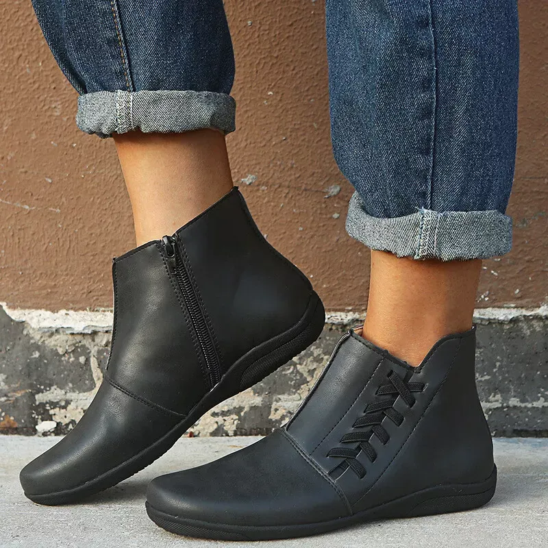 Casual Women's Round Toe Flat Ankle Boots Side Zip Autumn Winter Shoes Low Heels