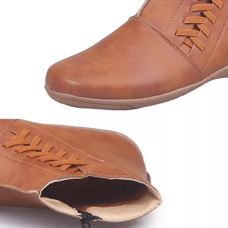 Casual Women's Round Toe Flat Ankle Boots Side Zip Autumn Winter Shoes Low Heels