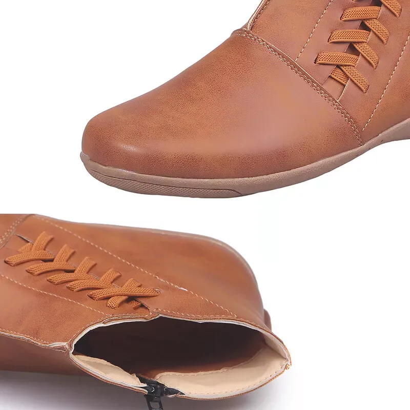 Casual Women's Round Toe Flat Ankle Boots Side Zip Autumn Winter Shoes Low Heels