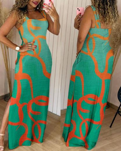 Geometric Print Thick Strap Dress Casual Slim Fit Slit Maxi Dress with Pockets