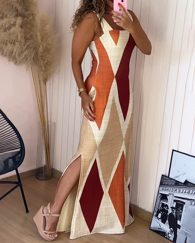 Geometric Print Thick Strap Dress Casual Slim Fit Slit Maxi Dress with Pockets