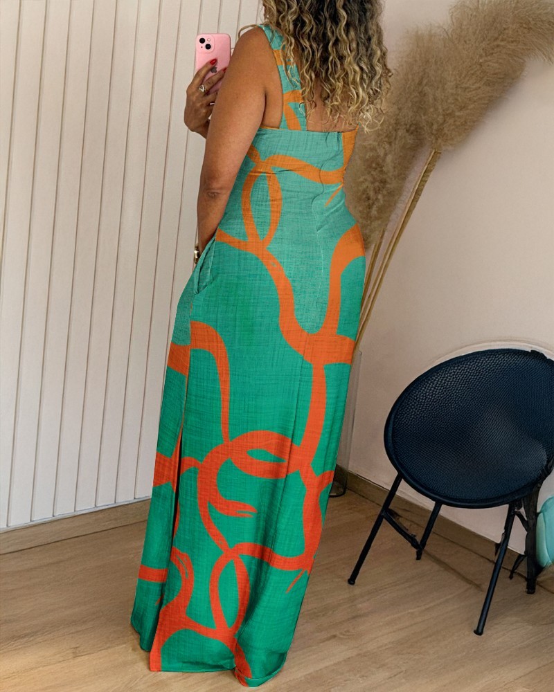 Geometric Print Thick Strap Dress Casual Slim Fit Slit Maxi Dress with Pockets