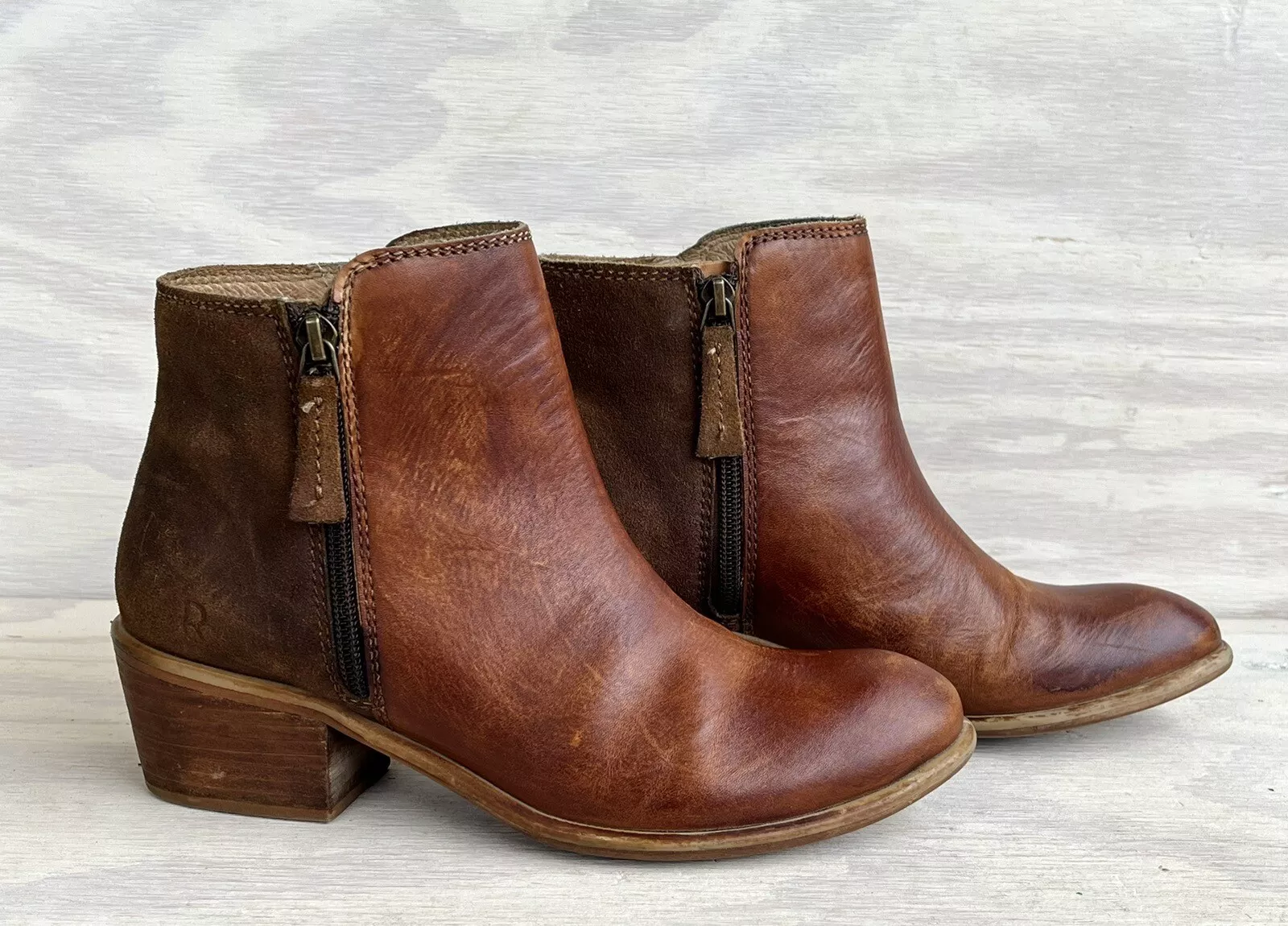 By Bed Stu Liz Distressed Leather & Suede Double Zip Handmade Ankle Boots