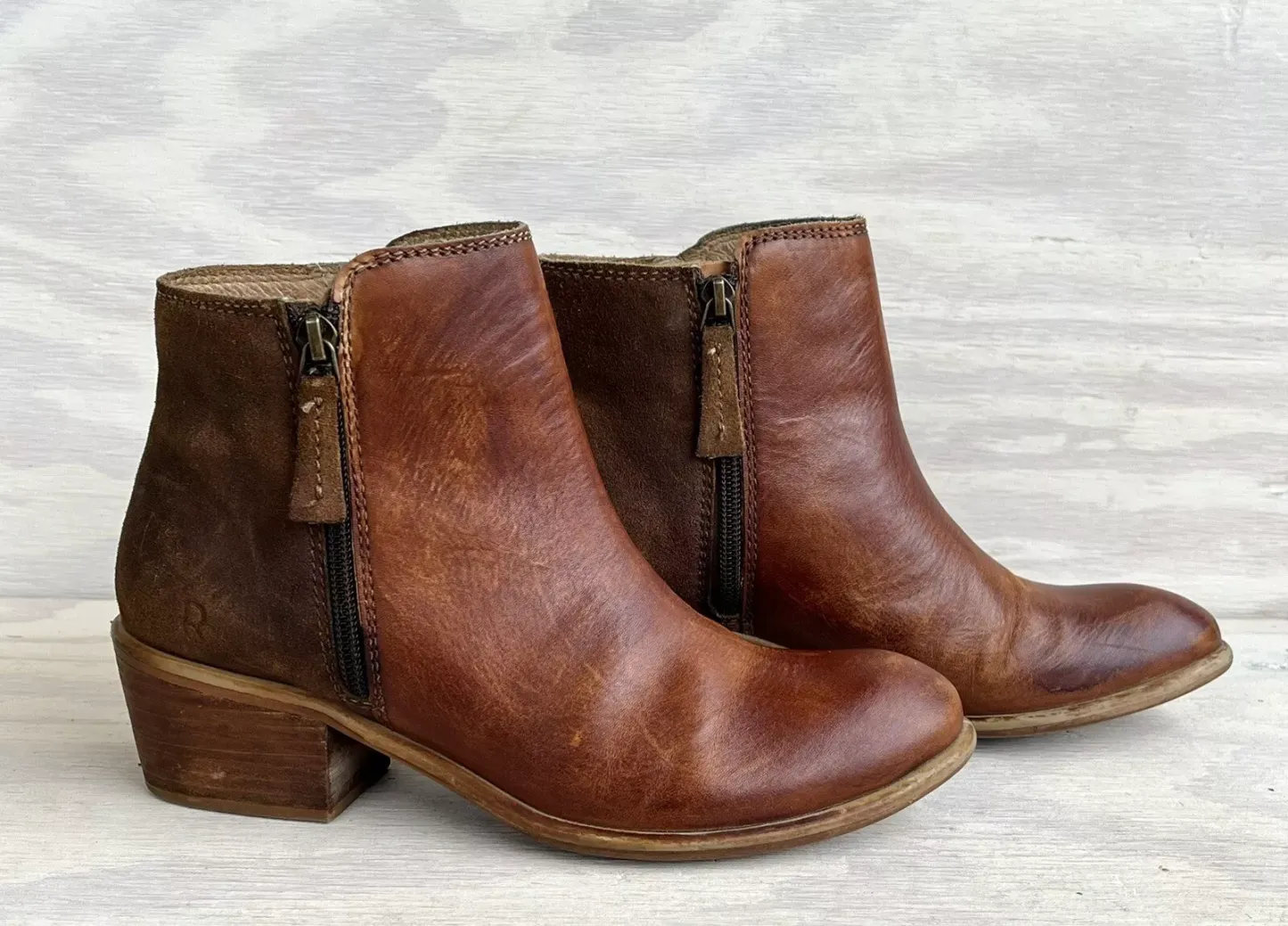 By Bed Stu Liz Distressed Leather & Suede Double Zip Handmade Ankle Boots