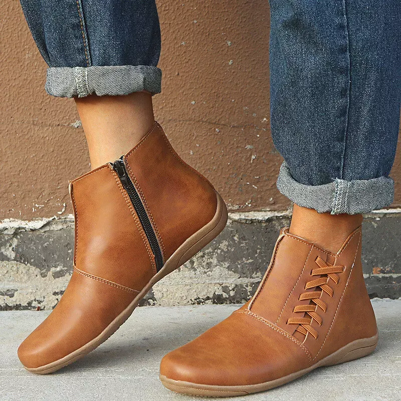 Casual Women's Round Toe Flat Ankle Boots Side Zip Autumn Winter Shoes Low Heels