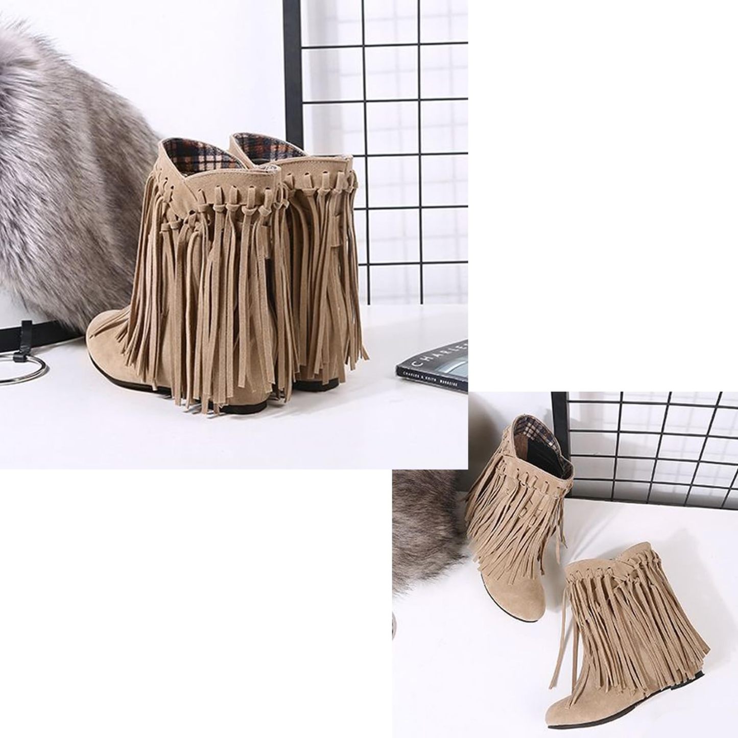 Women's round head artificial PU casual women's leather boots sleeves tassel boots thickened high and low heels women's shoes origin source