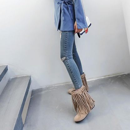 Women's round head artificial PU casual women's leather boots sleeves tassel boots thickened high and low heels women's shoes origin source