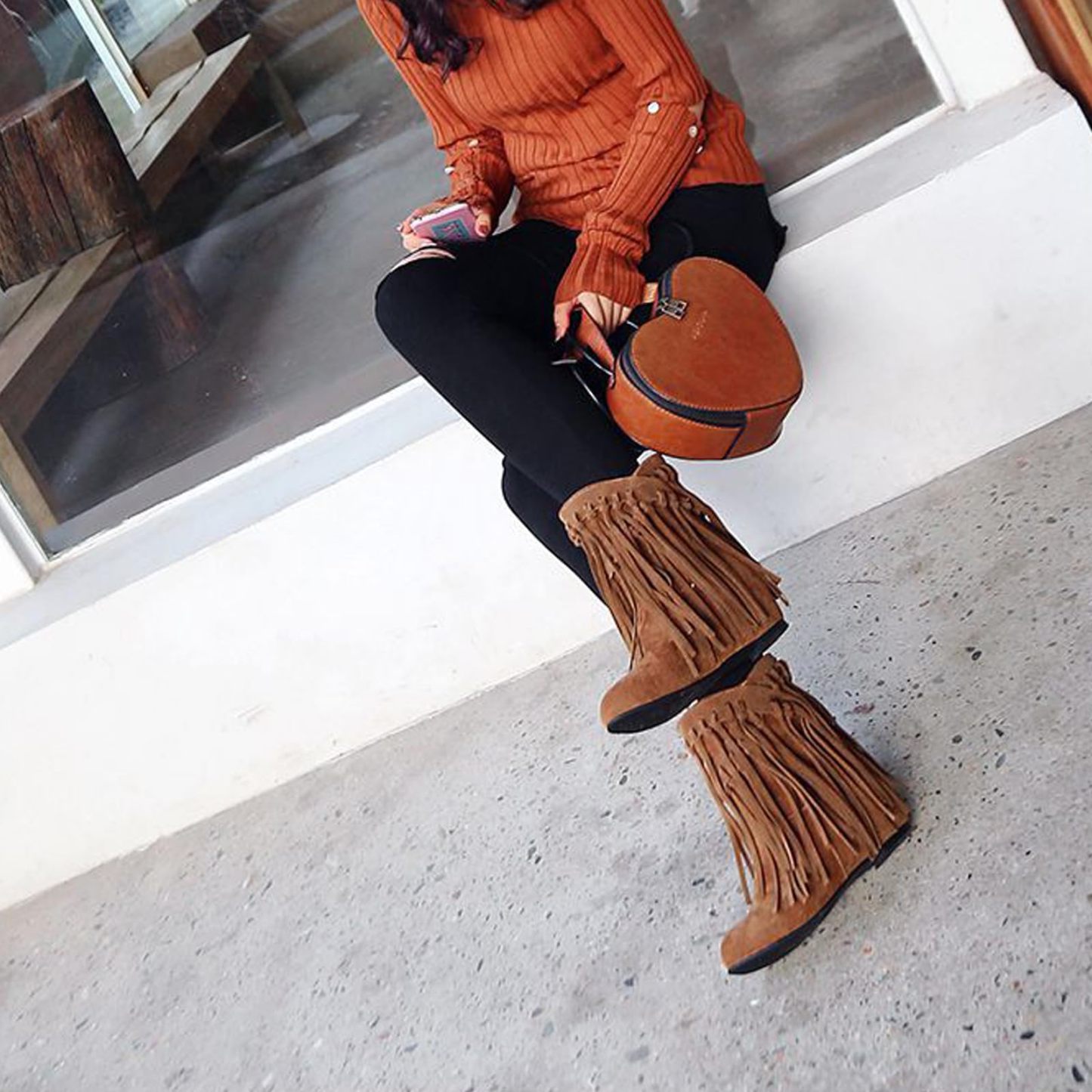 Women's round head artificial PU casual women's leather boots sleeves tassel boots thickened high and low heels women's shoes origin source