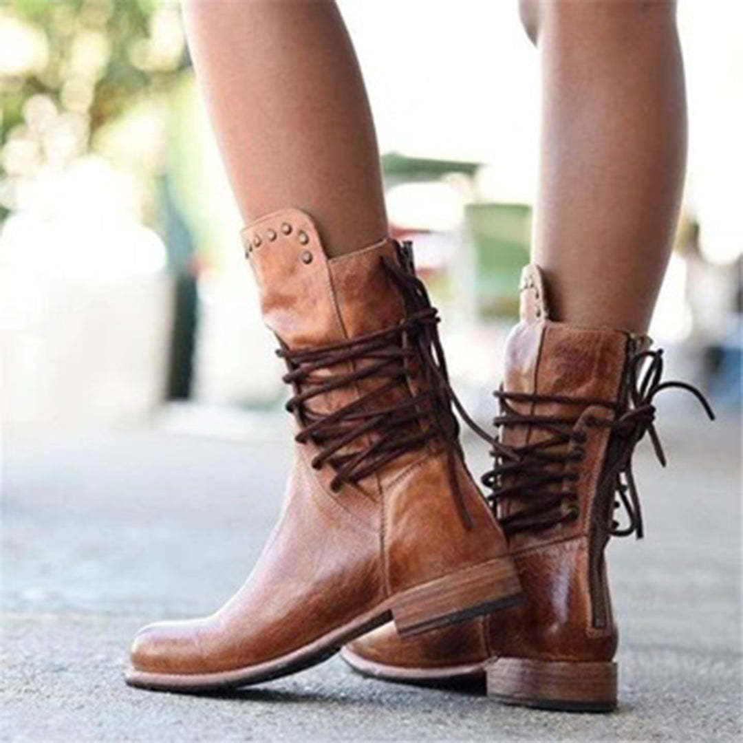 18 autumn and winter low heel square heel rivet mid-tube knight boots for women