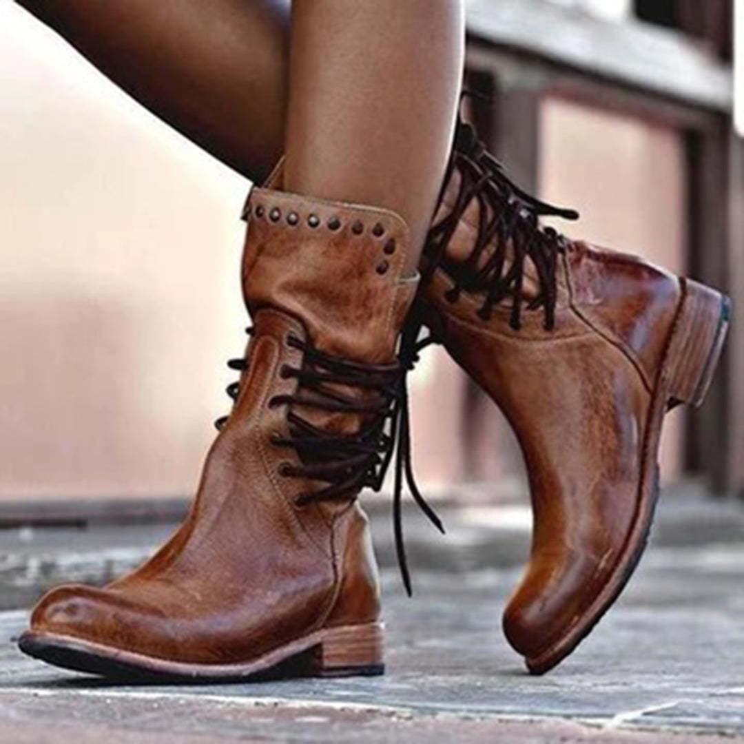 18 autumn and winter low heel square heel rivet mid-tube knight boots