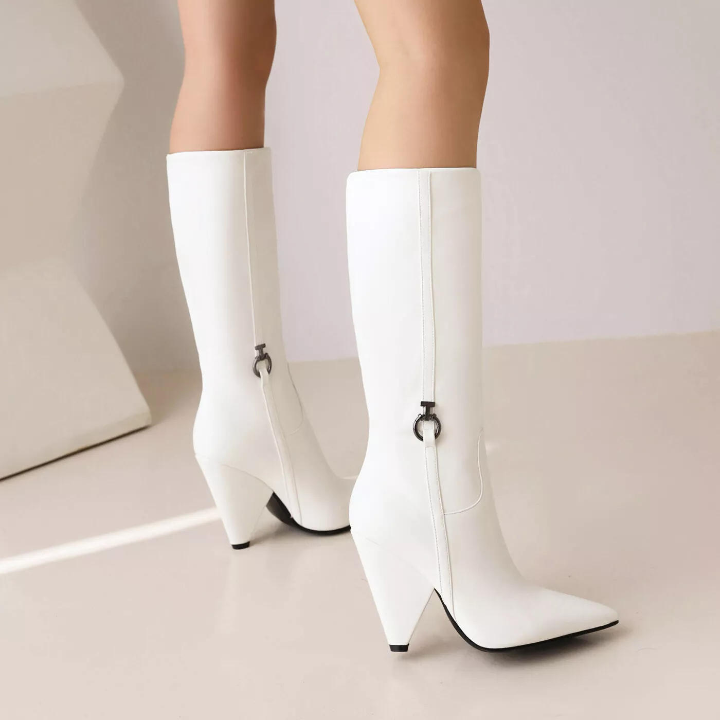 Sexy Botas de salón para mujer hasta la rodilla de cuero punta puntiag