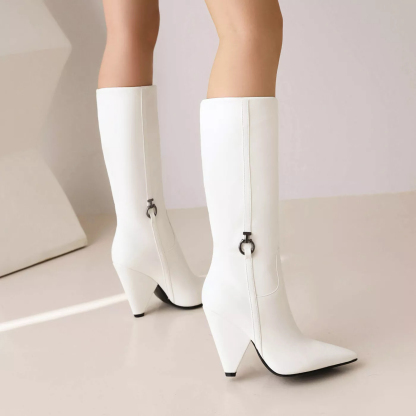 Sexy Botas de salón para mujer hasta la rodilla de cuero punta puntiaguda tacón de bloque cremalera media talla