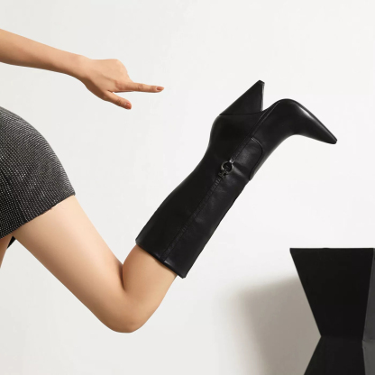 Sexy Botas de salón para mujer hasta la rodilla de cuero punta puntiaguda tacón de bloque cremalera media talla