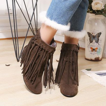 Women's round head artificial PU casual women's leather boots sleeves tassel boots thickened high and low heels women's shoes origin source