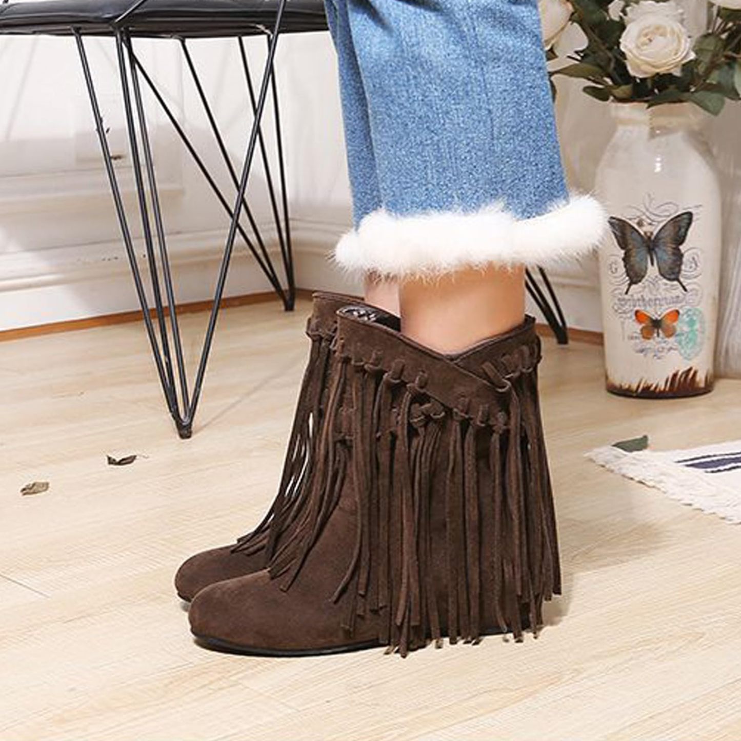 Women's round head artificial PU casual women's leather boots sleeves tassel boots thickened high and low heels women's shoes origin source
