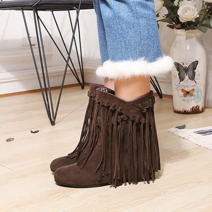 Women's round head artificial PU casual women's leather boots sleeves tassel boots thickened high and low heels women's shoes origin source