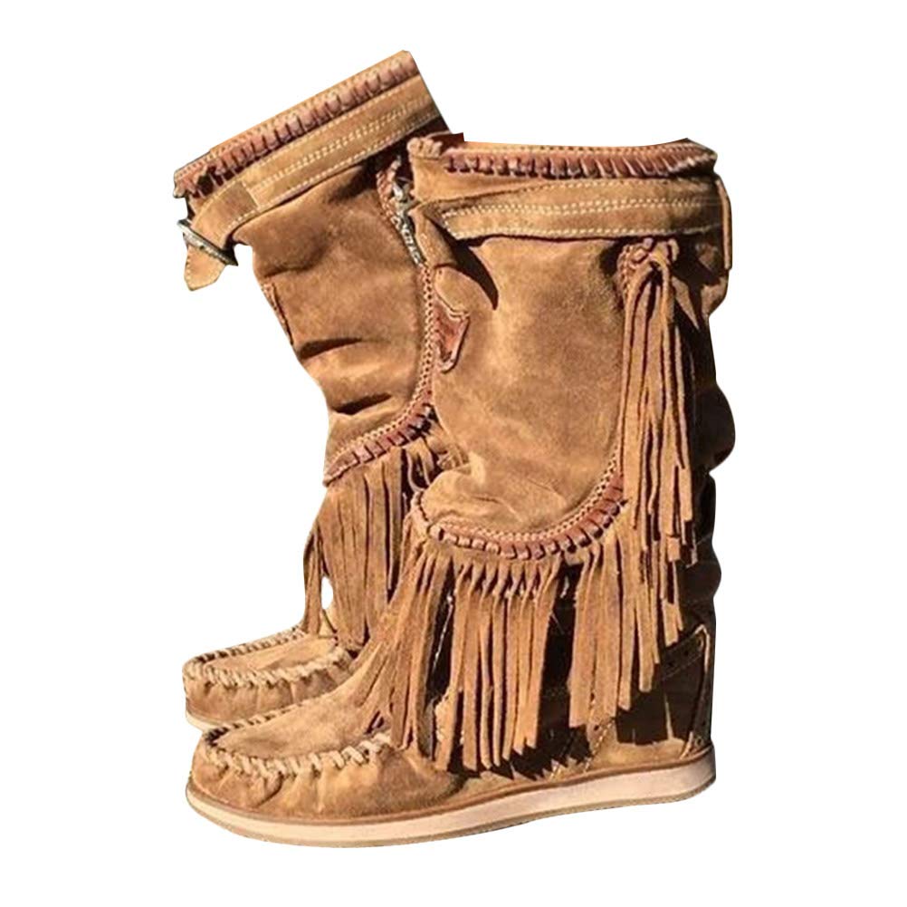New women's round toe suede casual sleeve tassel boots thick high heel women's boots