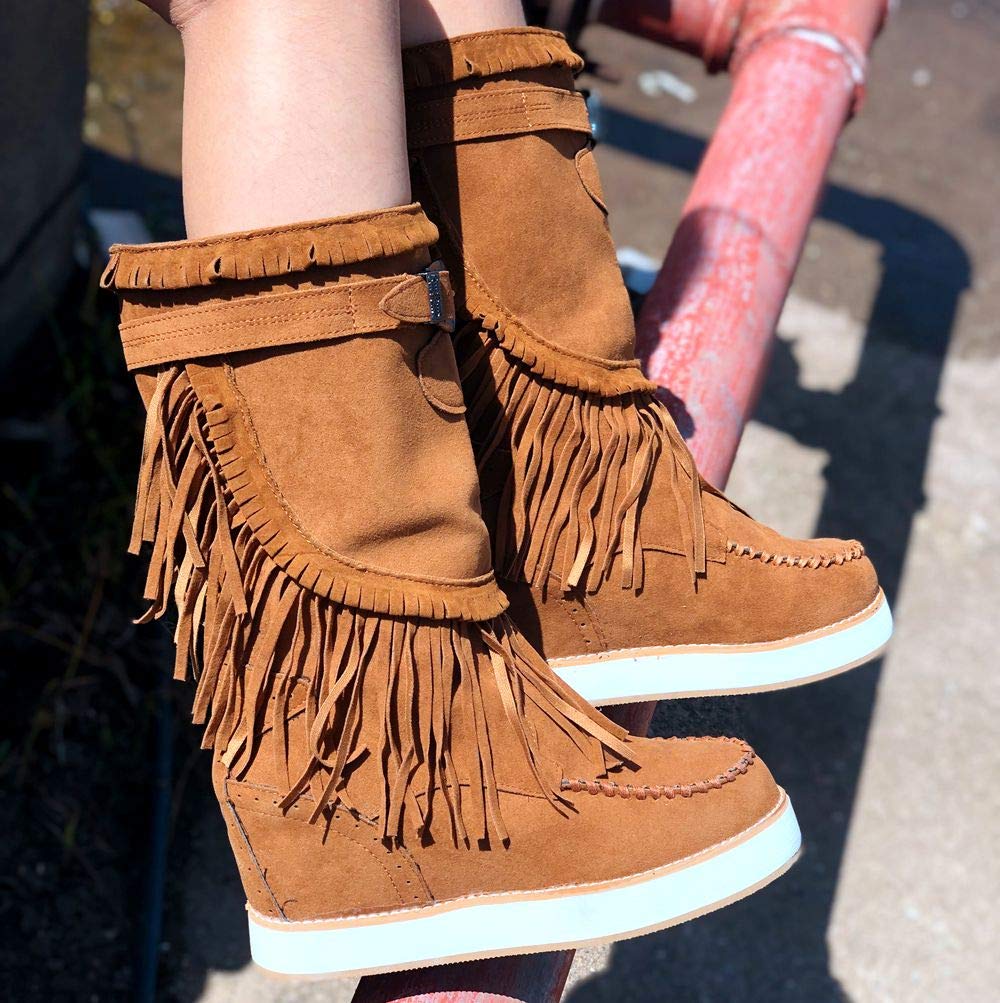 New women's round toe suede casual sleeve tassel boots thick high heel women's boots
