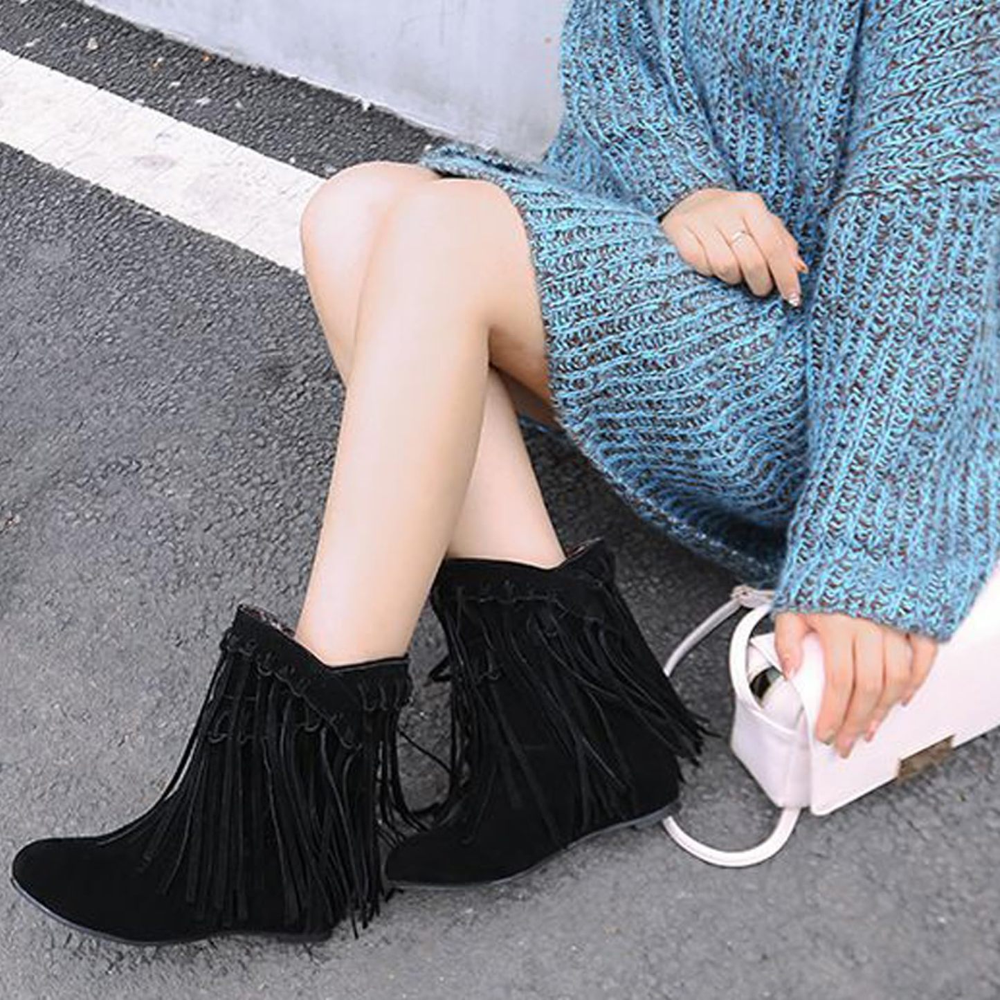 Women's round head artificial PU casual women's leather boots sleeves tassel boots thickened high and low heels women's shoes origin source