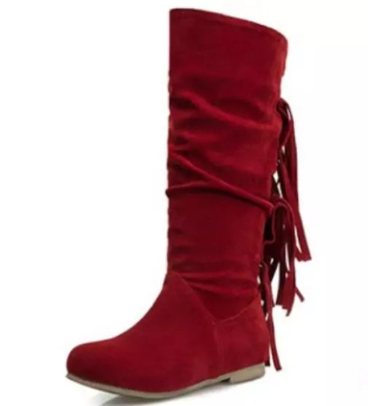 Women's round toe European and American women's leather boots sleeve tassel boots thick waterproof high heel women's shoes