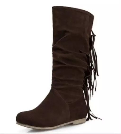 Women's round toe European and American women's leather boots sleeve tassel boots thick waterproof high heel women's shoes