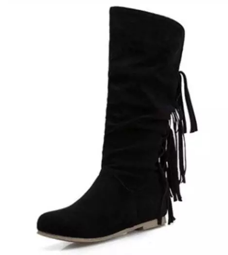 Women's round toe European and American women's leather boots sleeve tassel boots thick waterproof high heel women's shoes