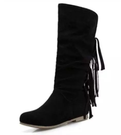 Women's round toe European and American women's leather boots sleeve tassel boots thick waterproof high heel women's shoes