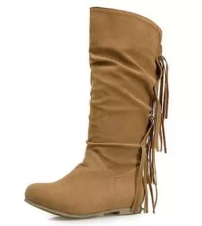 Women's round toe European and American women's leather boots sleeve tassel boots thick waterproof high heel women's shoes