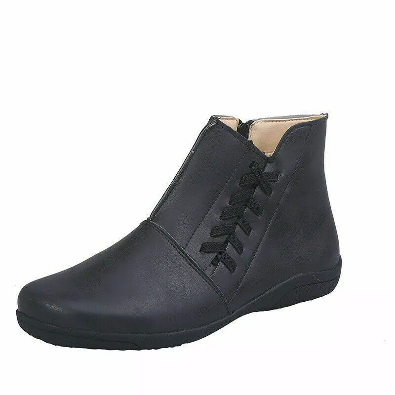 Casual Women's Round Toe Flat Ankle Boots Side Zip Autumn Winter Shoes Low Heels