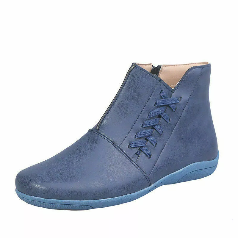 Casual Women's Round Toe Flat Ankle Boots Side Zip Autumn Winter Shoes Low Heels