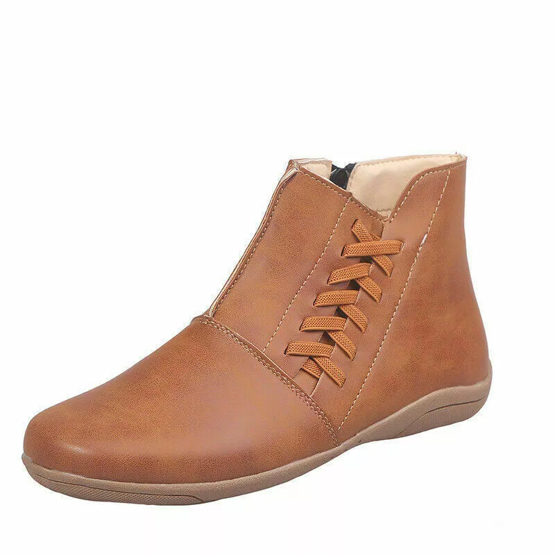 Casual Women's Round Toe Flat Ankle Boots Side Zip Autumn Winter Shoes Low Heels