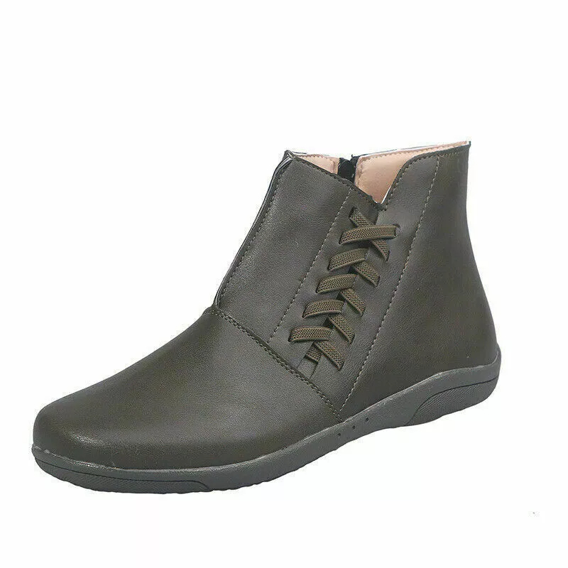 Casual Women's Round Toe Flat Ankle Boots Side Zip Autumn Winter Shoes Low Heels
