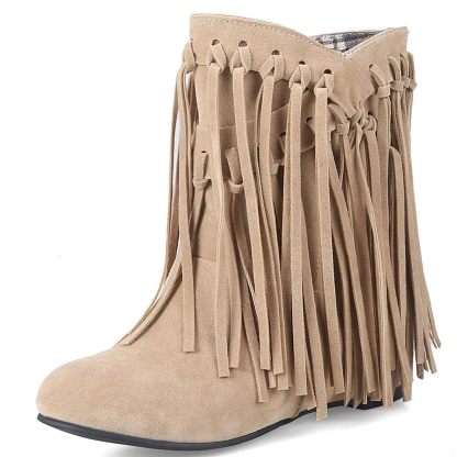Women's round head artificial PU casual women's leather boots sleeves tassel boots thickened high and low heels women's shoes origin source