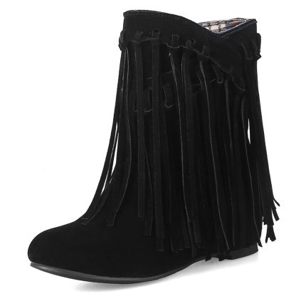 Women's round head artificial PU casual women's leather boots sleeves tassel boots thickened high and low heels women's shoes origin source