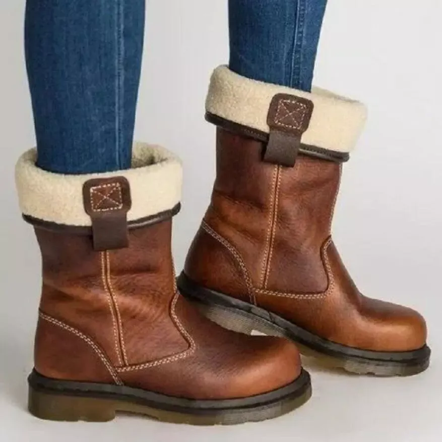 Womens Round Toe Knight Cowboy Faux Fleece Lined Mid Calf Boots Warm Shoes